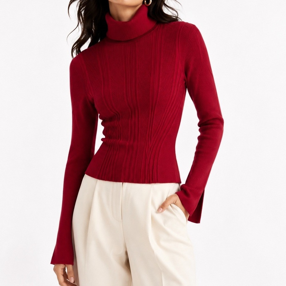 White House Black Market Red Ribbed Turtleneck Sweater Button Cuff Small NWT